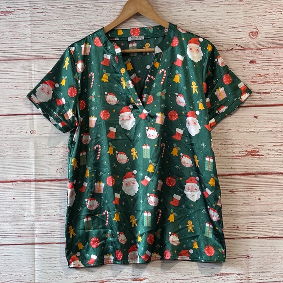 Ekouaer Satin Pajama Set in Green Santa Christmas Print Sz M - Picture 2 of 12